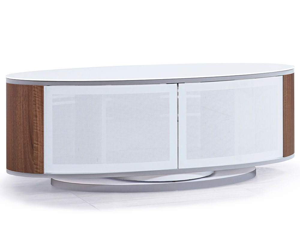 MDA Designs LUNA White Walnut Oval Cabinet with Beamthru Glass